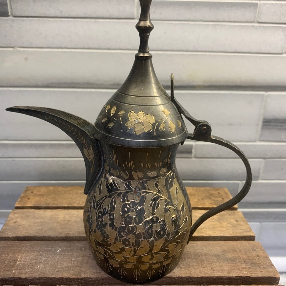 Vintage Brass Turkish Teapot Ewer with Lid and Long Spout